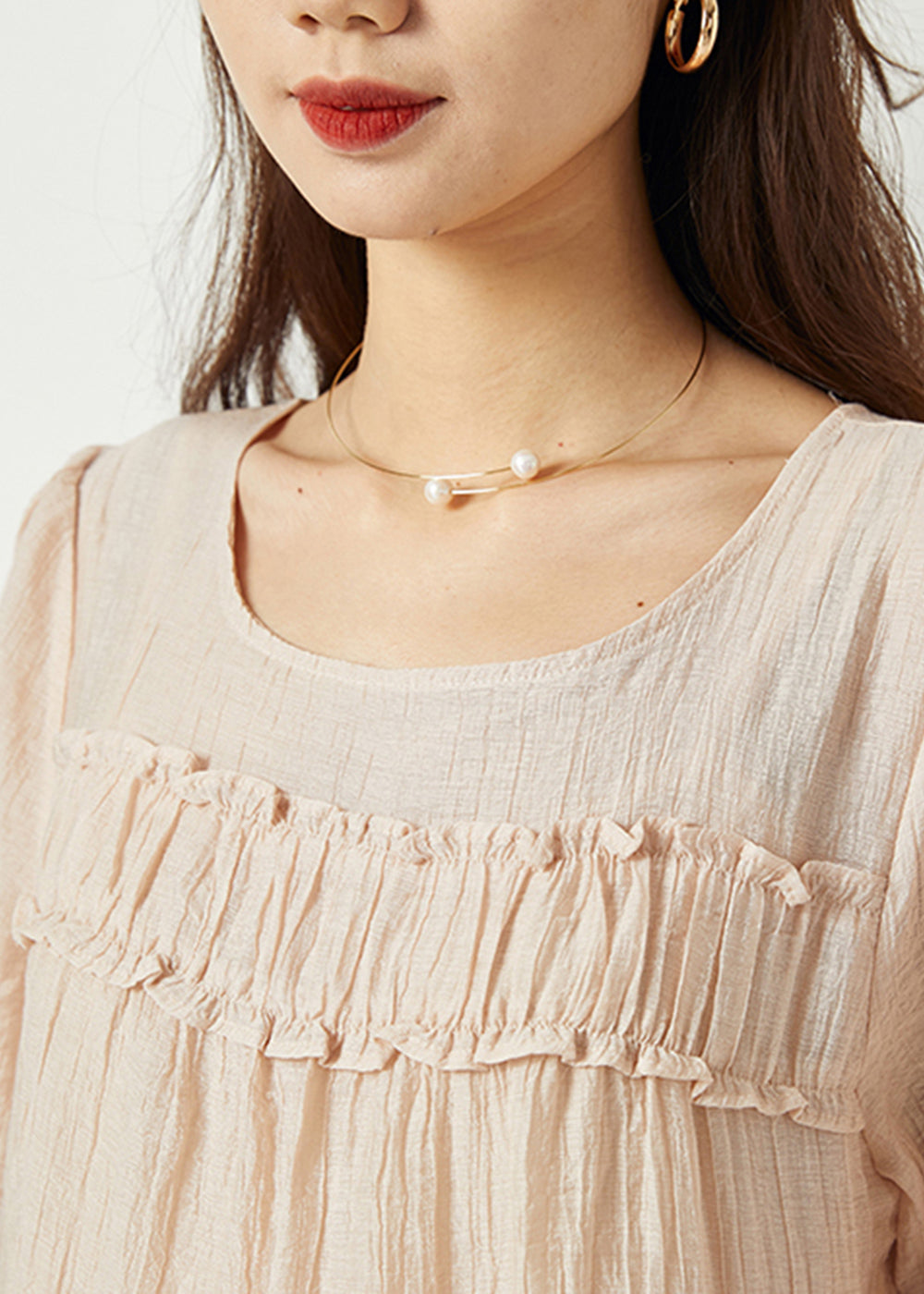 Simple Beige O-neck Patchwork Wrinkled Linen Silk Long Dress Summer