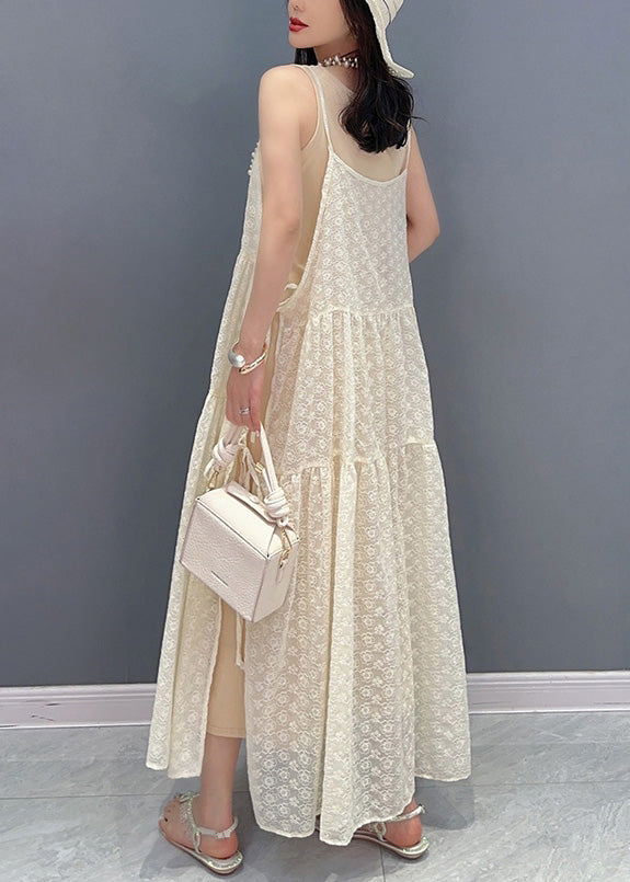 Simple Beige O-neck Print Patchwork Chiffon Maxi Dresses Summer