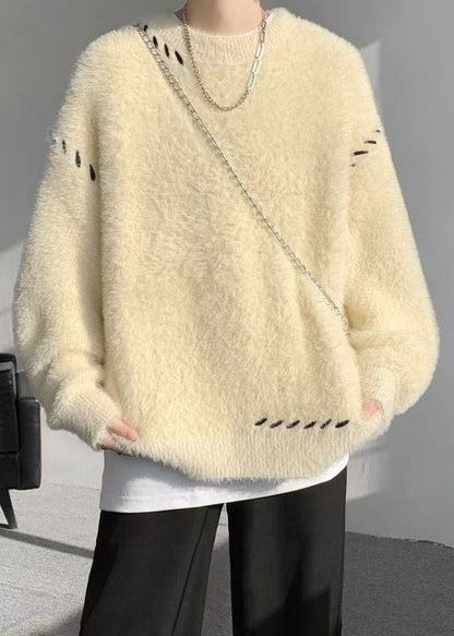 Simple Beige O Neck Mink Hair Knitted Sweater Winter
