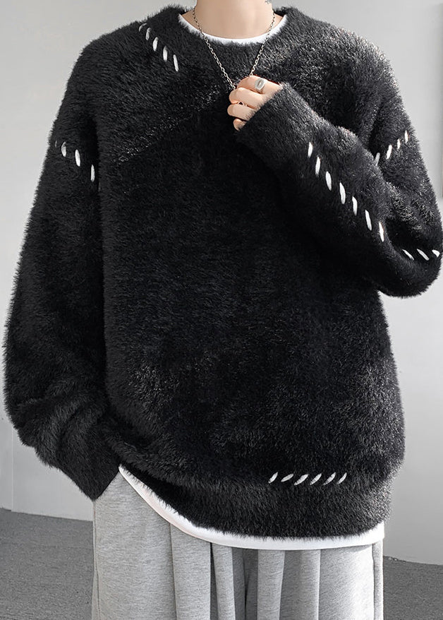 Simple Beige O Neck Mink Hair Knitted Sweater Winter