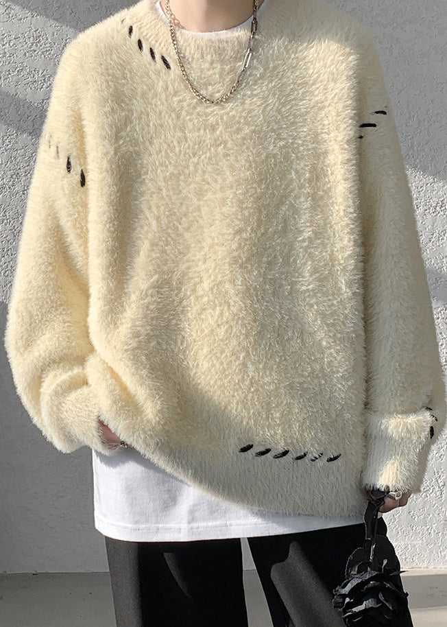 Simple Beige O Neck Mink Hair Knitted Sweater Winter