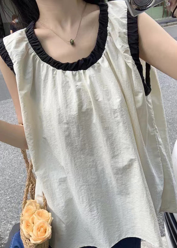 Simple Beige O Neck Patchwork Cotton Top Sleeveless