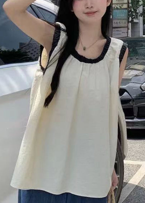 Simple Beige O Neck Patchwork Cotton Top Sleeveless