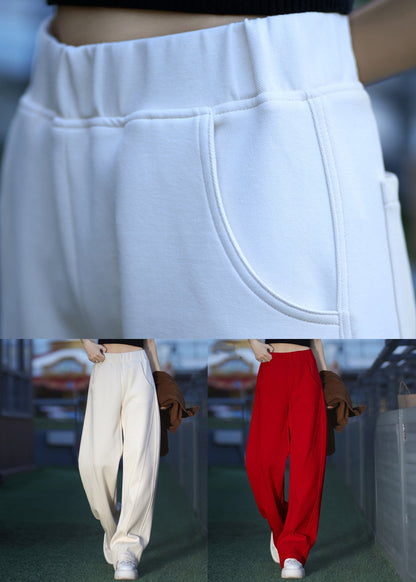 Simple Beige Pockets Elastic Waist Warm Fleece Pants Spring