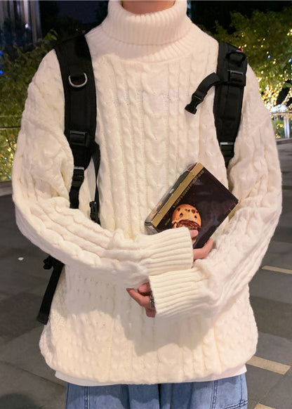 Simple Beige Turtleneck Cable Knit Sweater Winter