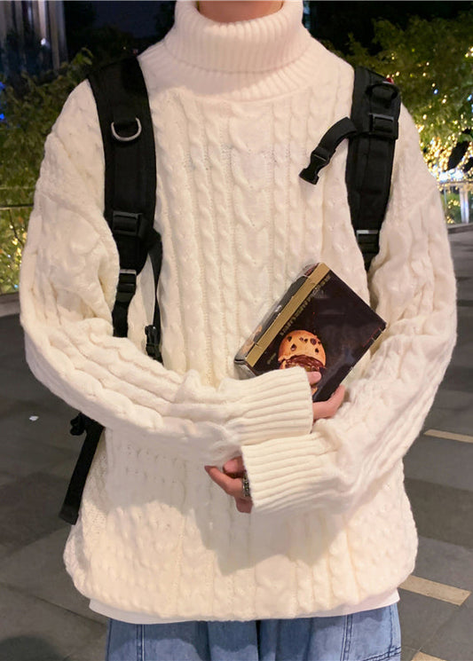 Simple Beige Turtleneck Cable Knit Sweater Winter