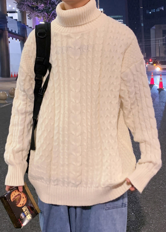 Simple Beige Turtleneck Cable Knit Sweater Winter