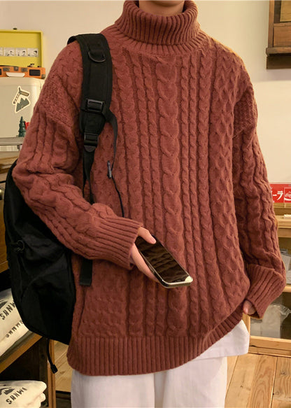 Simple Beige Turtleneck Cable Knit Sweater Winter