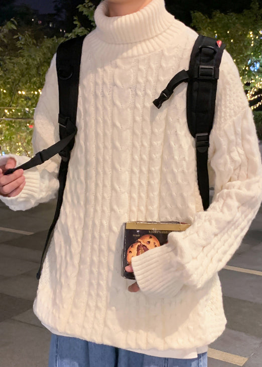 Simple Beige Turtleneck Cable Knit Sweater Winter