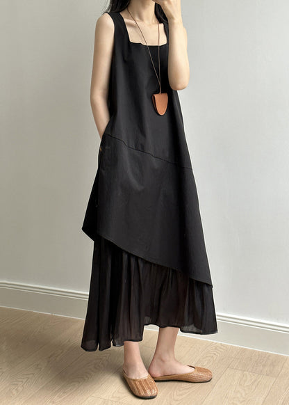 Simple Black Asymmetrical Pockets Cotton Long Dress Summer