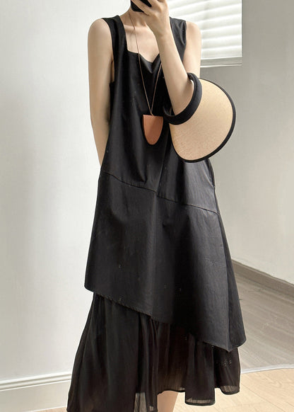 Simple Black Asymmetrical Pockets Cotton Long Dress Summer
