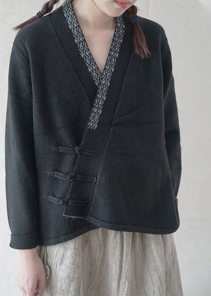 Simple Black Button Embroideried Asymmetrical Design Fall Knit Sweater