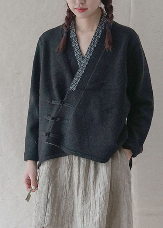Simple Black Button Embroideried Asymmetrical Design Fall Knit Sweater