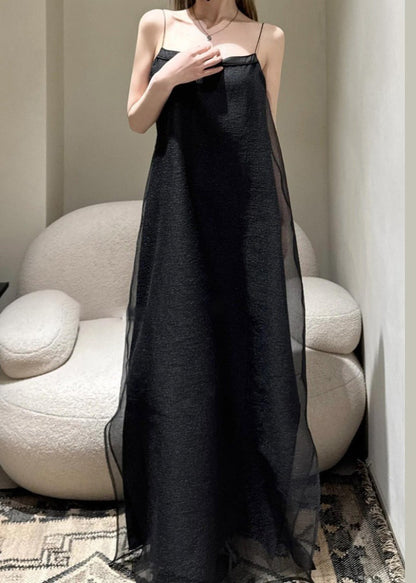Simple Black Cold Shoulder Tulle Spaghetti Strap Dress Sleeveless