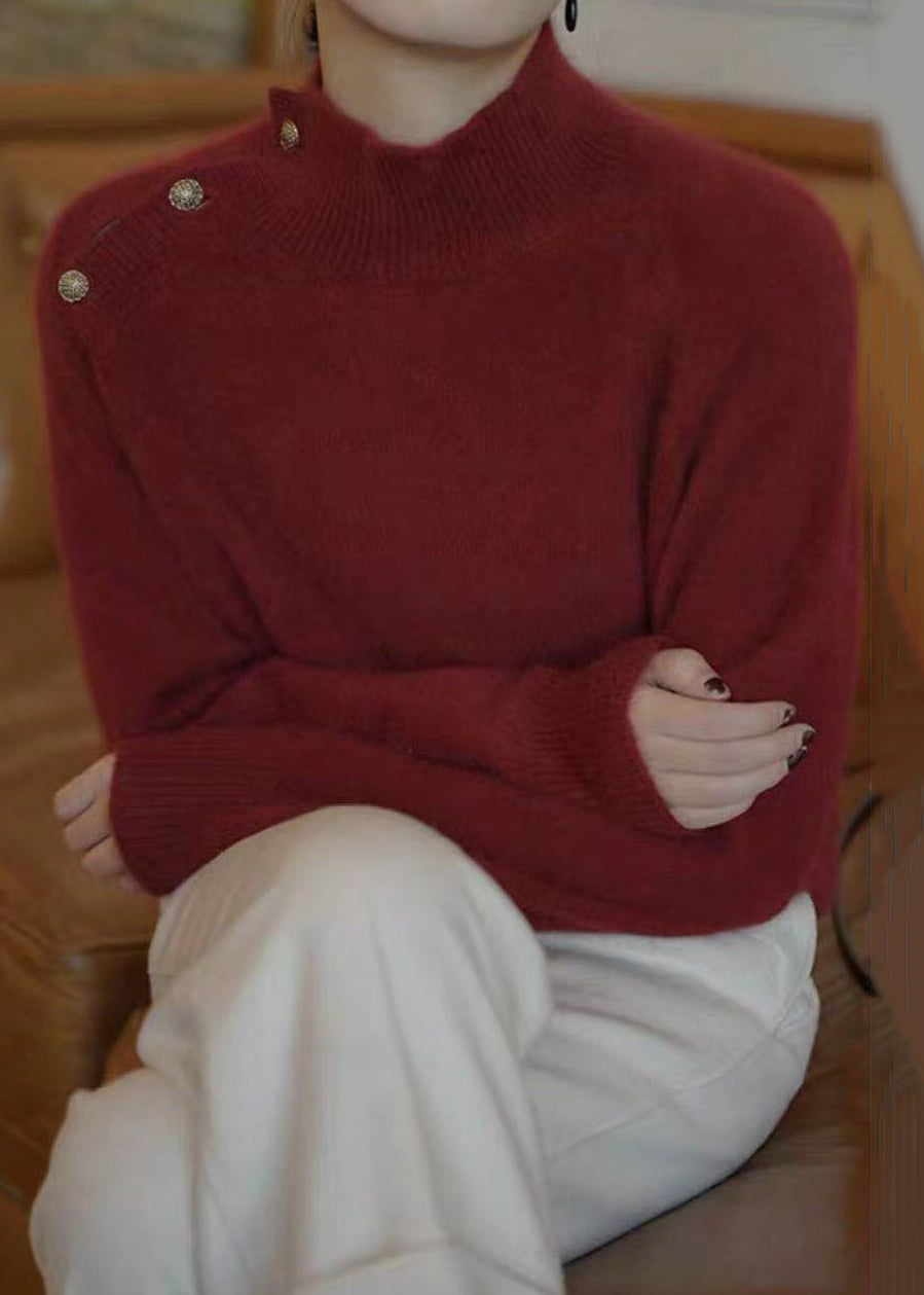 Simple Black O-neck Button Knit Sweaters Long Sleeve