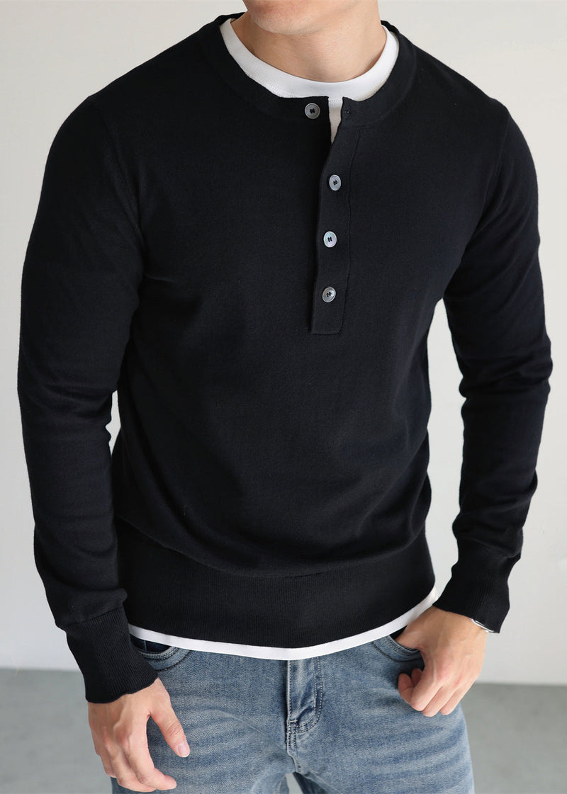 Simple Black O Neck Button Woolen Knit Sweater Tops Fall