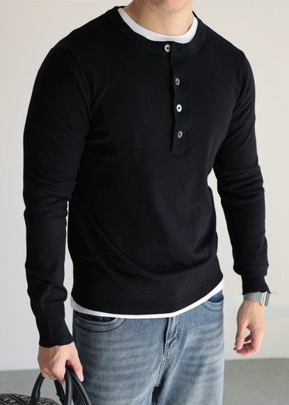Simple Black O Neck Button Woolen Knit Sweater Tops Fall