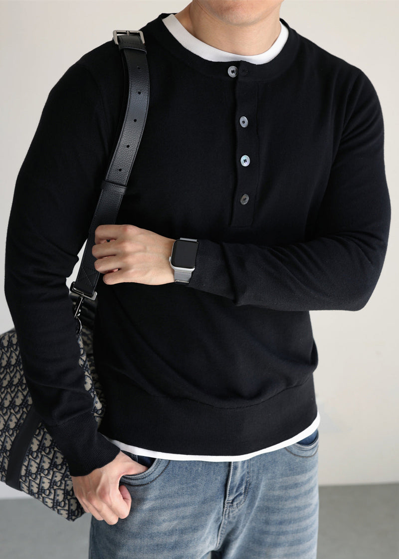 Simple Black O Neck Button Woolen Knit Sweater Tops Fall