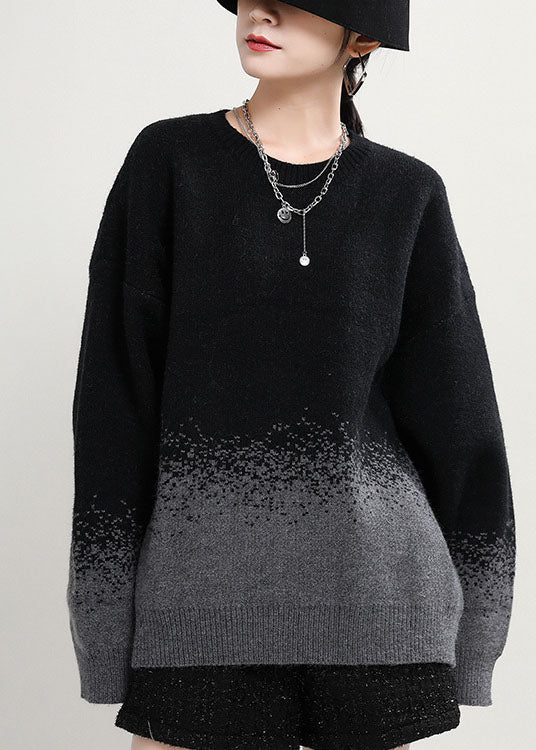 Simple Black O-neck Gradient Color Fall Knit Knitted Sweaters