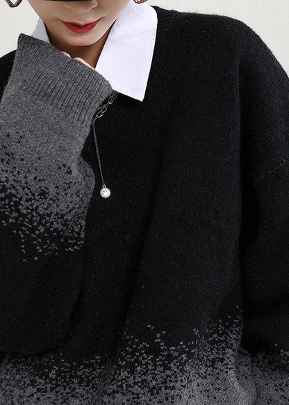Simple Black O-neck Gradient Color Fall Knit Knitted Sweaters