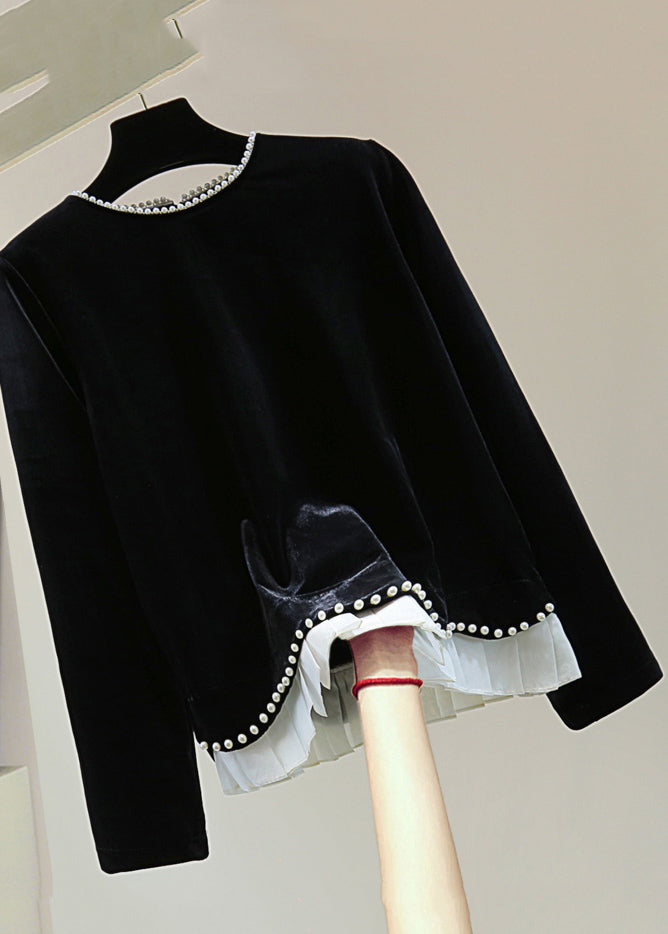 Simple Black O-neck Nail Bead Silk Velvet Sweater Winter