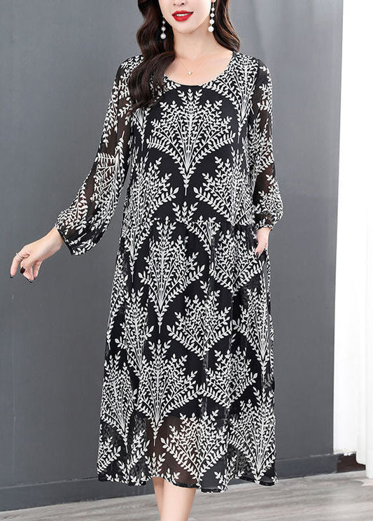 Simple Black O-neck Print Chiffon a Line Dresses Long Sleeve