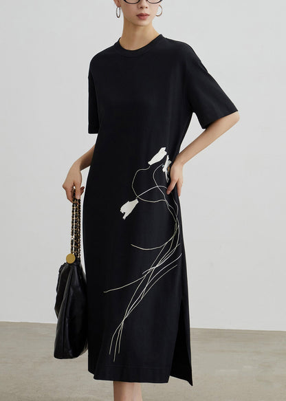 Simple Black O Neck Print Side Open Cotton T Shirt Dresses Summer