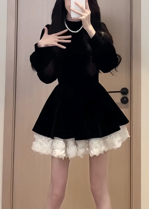 Simple Black O Neck Patchwork Silk Velvet Mid Dress Spring
