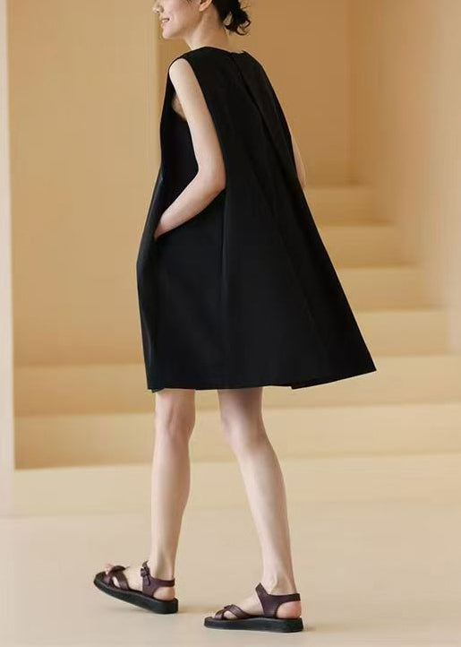Simple Black O Neck Pockets Cotton Mid Dress Sleeveless