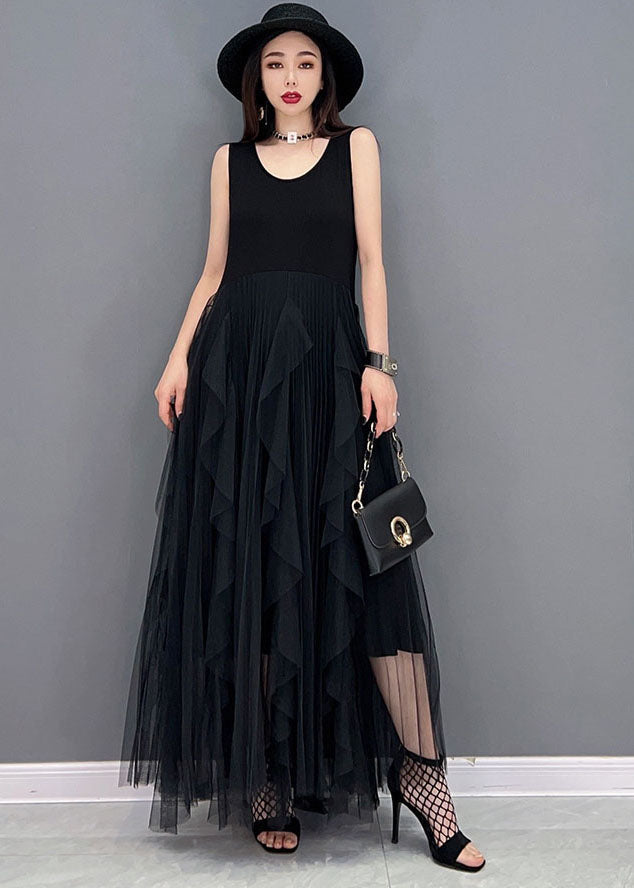 Simple Black O-neck Tulle Patchwork Cotton Dresses Sleeveless