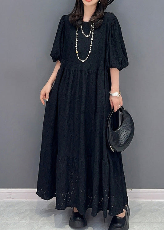 Simple Black O-neck Wrinkled Elastic Waist Long Dress Summer