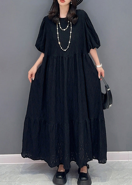 Simple Black O-neck Wrinkled Elastic Waist Long Dress Summer