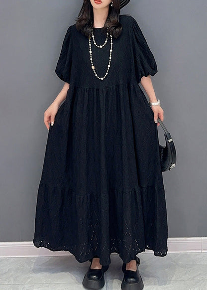 Simple Black O-neck Wrinkled Elastic Waist Long Dress Summer