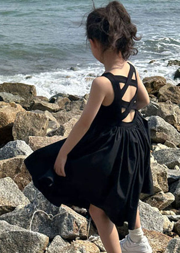 Simple Black O Neck Wrinkled Patchwork Cotton Baby Dresses Sleeveless