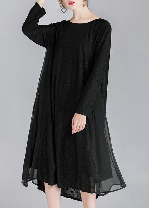 Simple Black Patchwork Chiffon Long Sleeve Spring Summer Dress