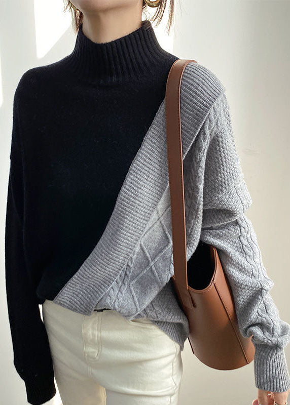 Simple Black Patchwork Grey Fall Sweater