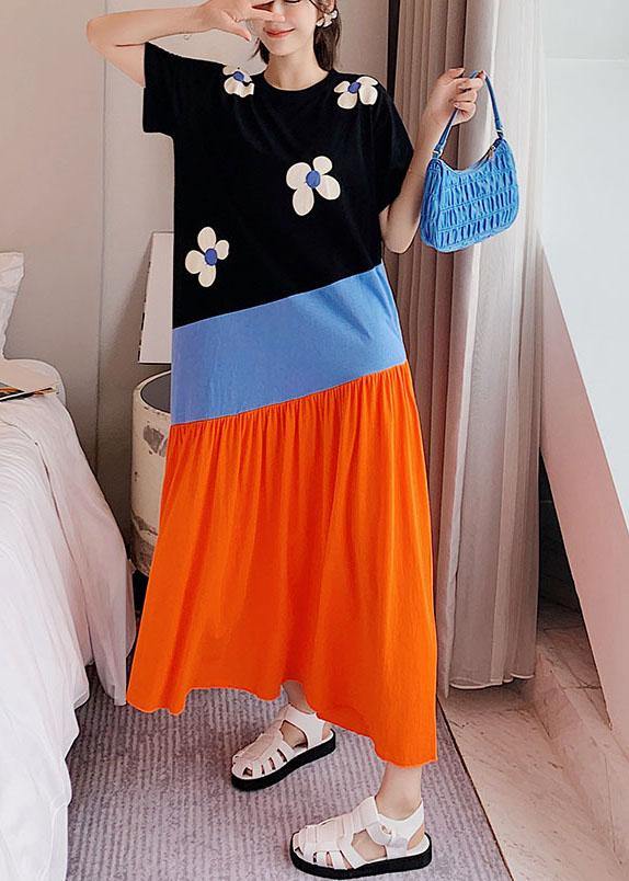 Simple Black Patchwork Print Summer Holiday Dress Short Sleeve