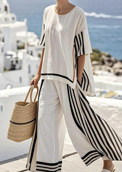 Simple Black Striped Side Open T Shirts and Wide Leg Pants Two Pieces Set Short Sleeve