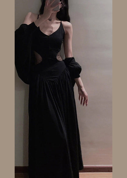 Simple Black V Neck Cotton Cardigans and Long Slip Dress Two Piece Set Summer