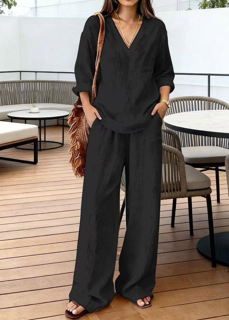 Simple Black V Neck Patchwork Top and Wide Leg Pants Two Pieces Set Short Sleeve