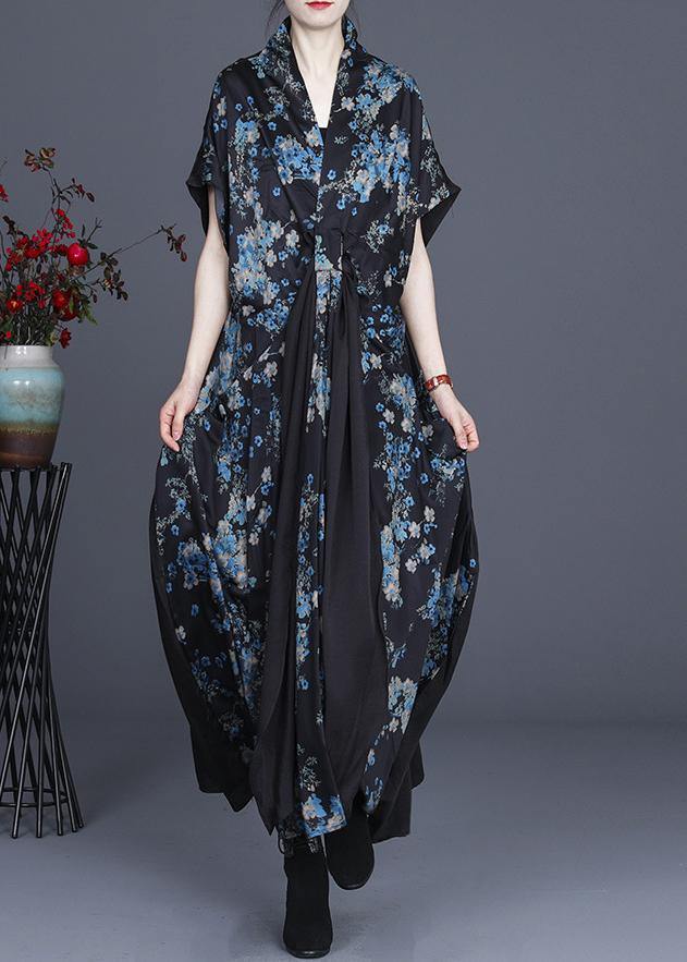 Simple Blue Patchwork V Neck Long Dress Summer