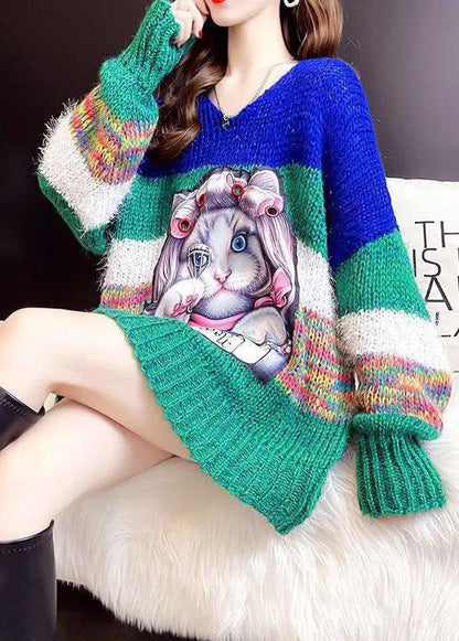 Simple Blue Loose Patchwork Fall Sweater