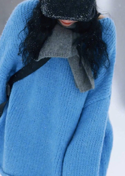 Simple Blue O-neck Cozy Thick Cotton Knit Sweater Long Sleeve