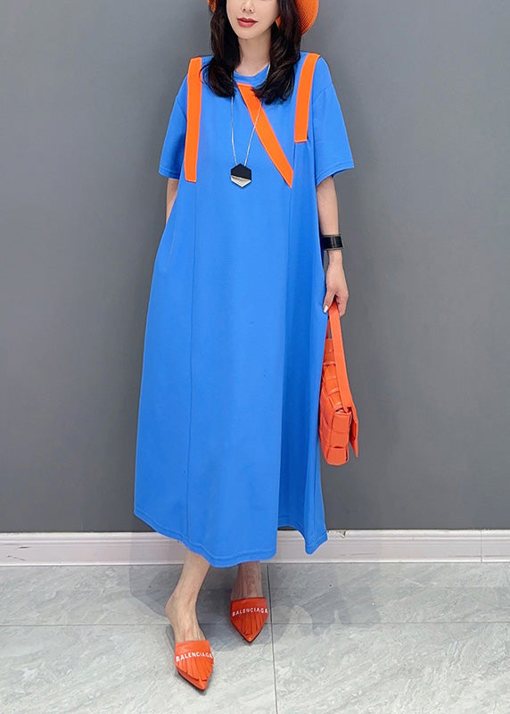 Simple Blue O-neck Patchwork Long Dresses Short Sleeve