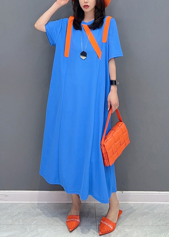 Simple Blue O-neck Patchwork Long Dresses Short Sleeve