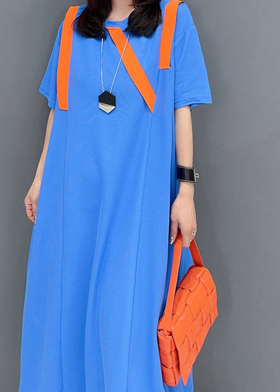 Simple Blue O-neck Patchwork Long Dresses Short Sleeve