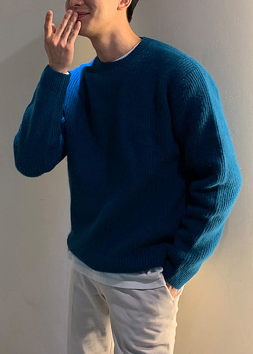 Simple Blue O Neck Knit Sweaters Spring