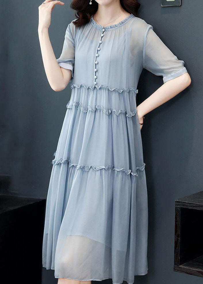 Simple Blue O-neck Wrinkled Patchwork Silk Two Pieces Set Dress Summer