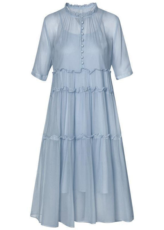 Simple Blue O-neck Wrinkled Patchwork Silk Two Pieces Set Dress Summer