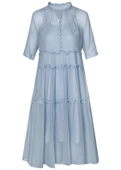 Simple Blue O-neck Wrinkled Patchwork Silk Two Pieces Set Dress Summer